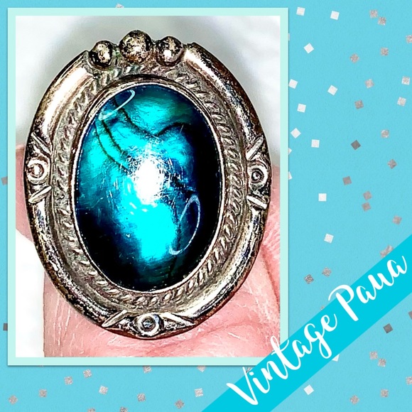 Vintage Native American Paua Sterling Silver Ring (Turquoise Blue/Aqua shell) - Picture 7 of 11